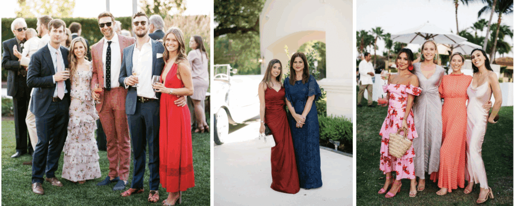 A collage showing examples of wedding guest fashion.
